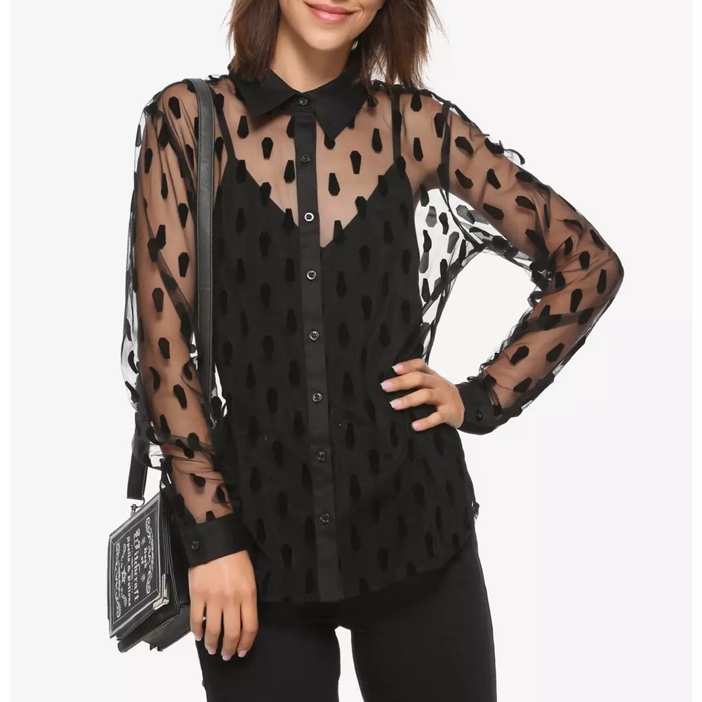 Black Flocked Coffin Sheer Long-Sleeve Button-Up